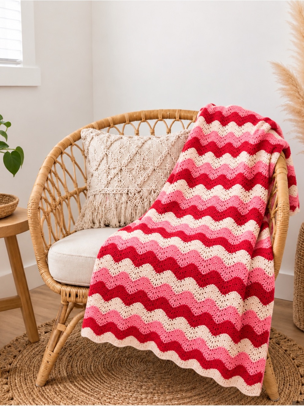 Handmade Knit Ripple Blanket Pink & Cream Cozy Chevron Crochet Throw Blanket